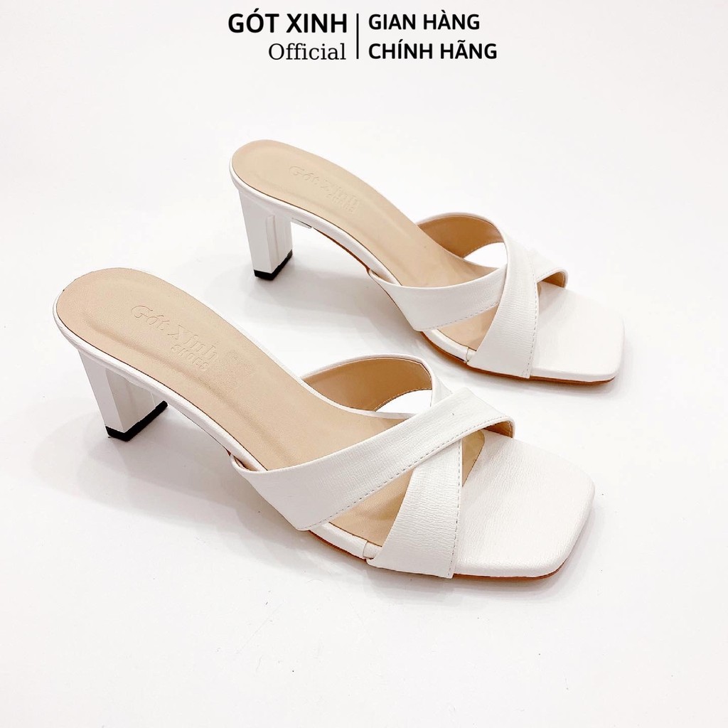 Dép cao gót nữ GÓT XINH D28 quai ngang da lì đế cao 4cm quai chéo