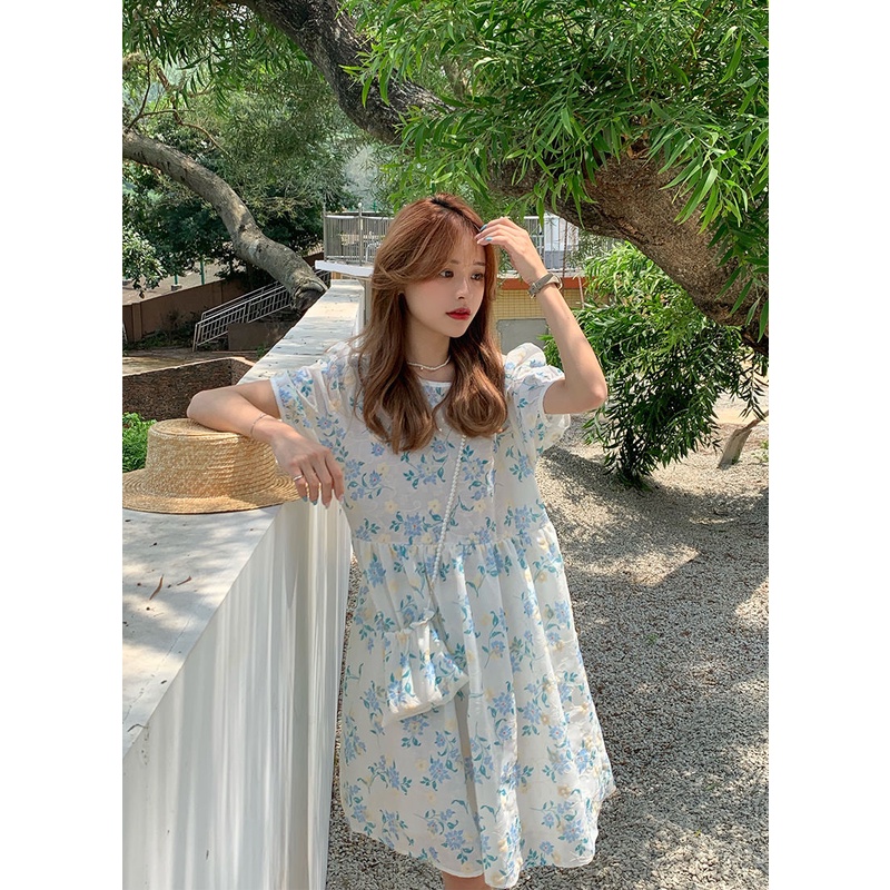 Đầm Hoa Tay Ngắn Phối Dây Rút Phong Cách Hàn Quốc Thời Trang
