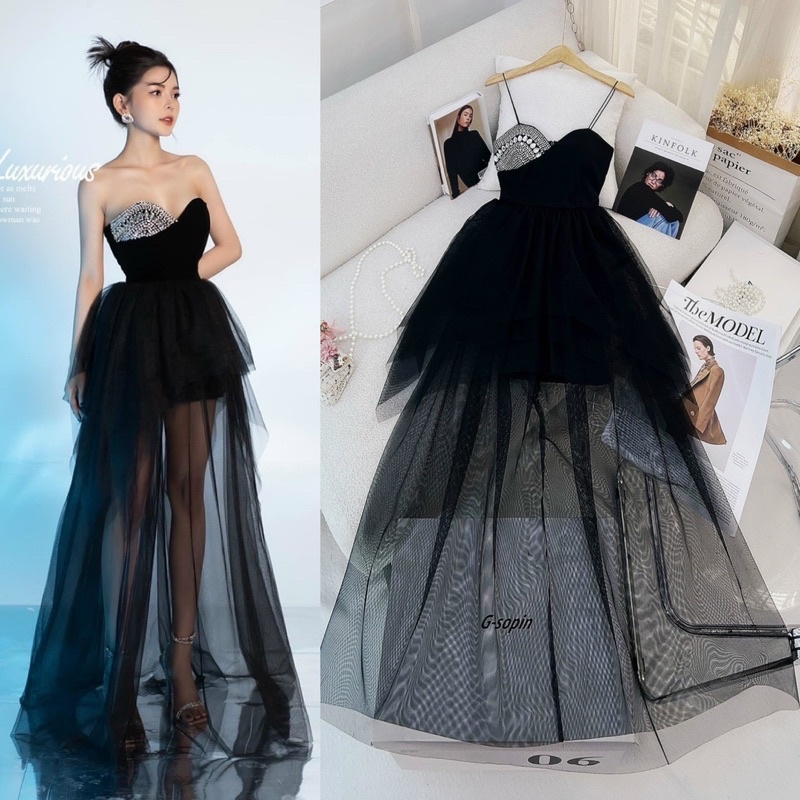 Đầm lưới đen 2 dây cúp ngực đính đá cao cấp sang trọng, váy dài dự tiệc dạ hội sinh nhật, thời trang tiểu thư hot girl
