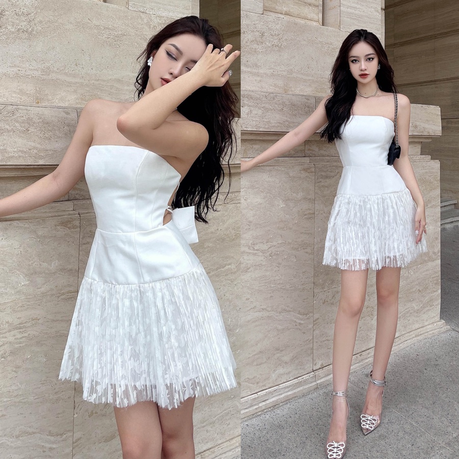 Đầm ren đi dự tiệc cưới thiết hở lưng, đan dây, cúp ngực, dáng xòe thiết kế sexy