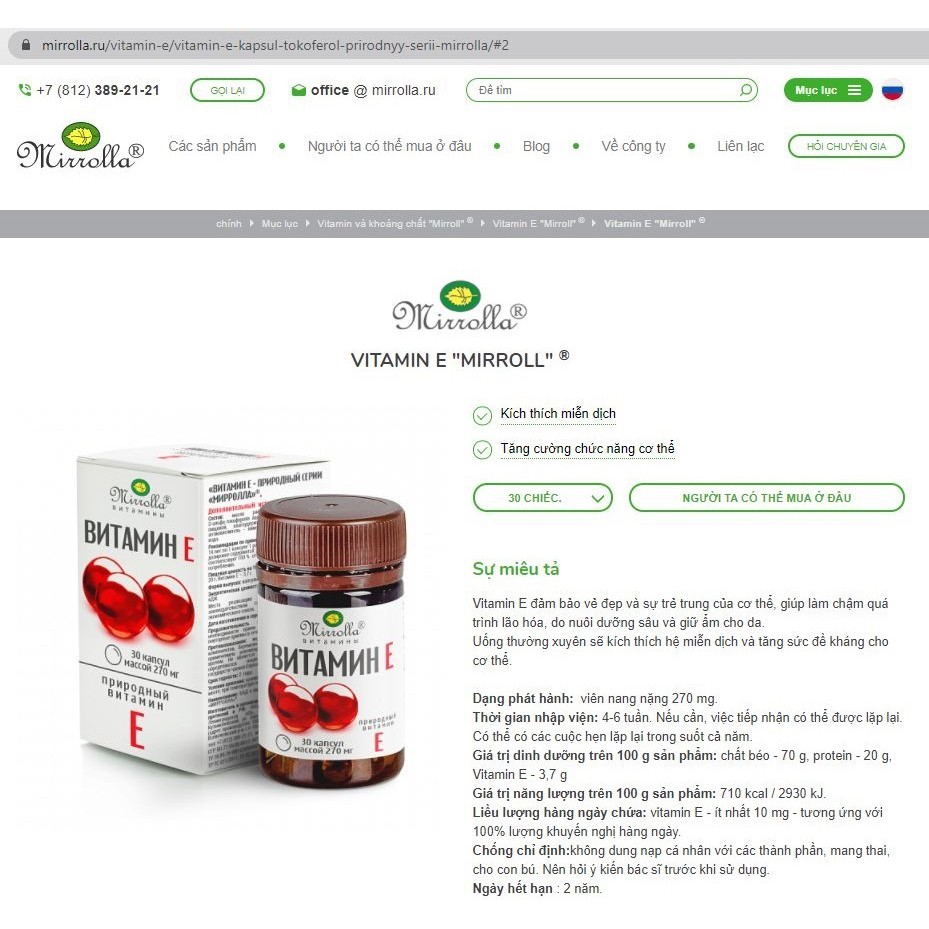 Vitamin E đỏ Nga Mirrolla 400mg-270mg chính hãng