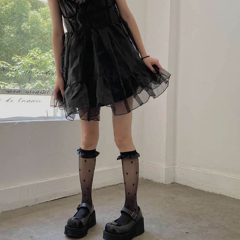 Vớ Cao Đến Đầu Gối Bằng Lụa Satin Viền Xếp Nếp Họa Tiết Trái Tim Phong Cách Nhật Bản Ngọt Ngào Cho Nữ Xiang