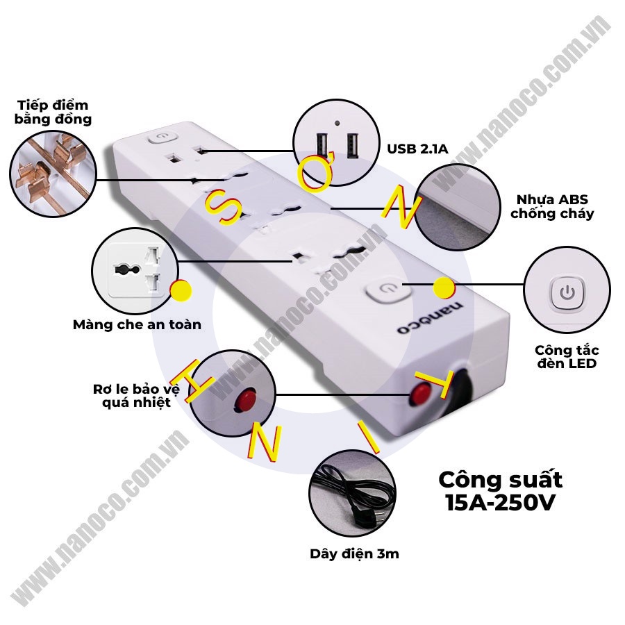 Ổ cắm có dây nối dài, 3 ổ cắm đa năng + 2 cổng sạc usb và 2 công tắc Nanoco NES332U-3