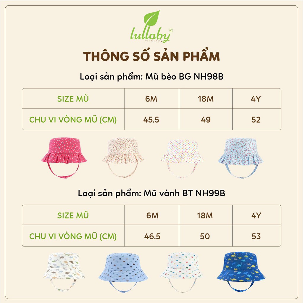 Mũ tai bèo họa tiết nhí bé trai bé gái cao cấp Lullaby NH98B