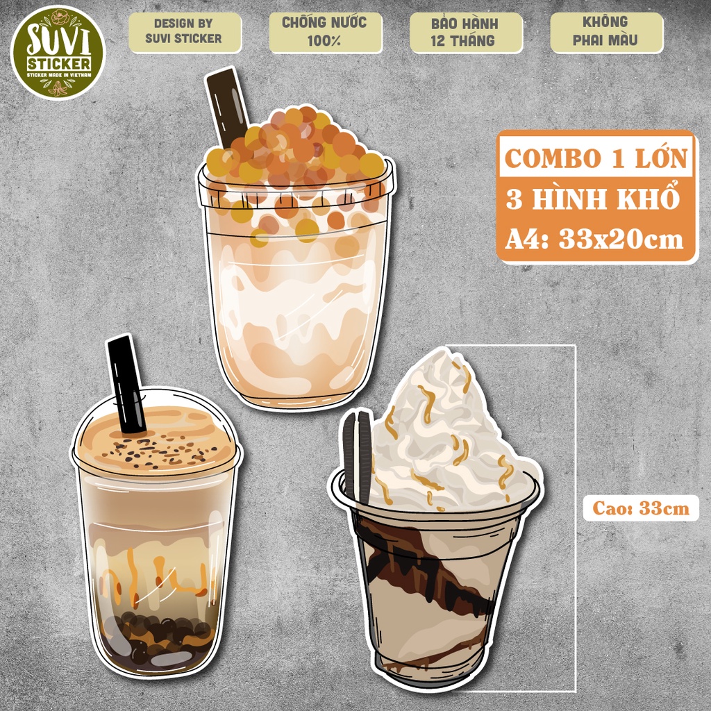 Combo Decal Trà Sữa khổ lớn trang trí tường, dán kính, trang trí quán cà phê khổ A4 chống nước. KL19-03