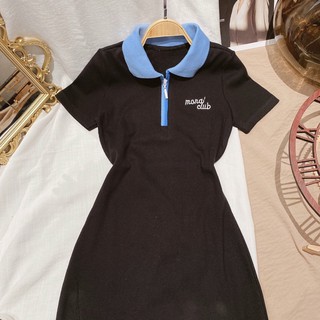 Đầm polo đen cổ xanh phối dây kéo