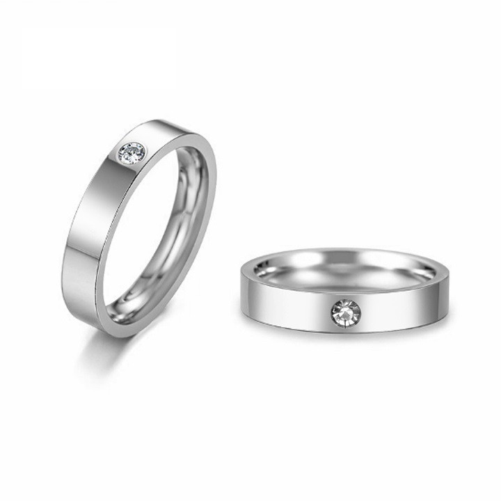 1 CHIẾC Nhẫn cặp inox trơn đính hột thời trang, Nhẫn đôi tình nhân