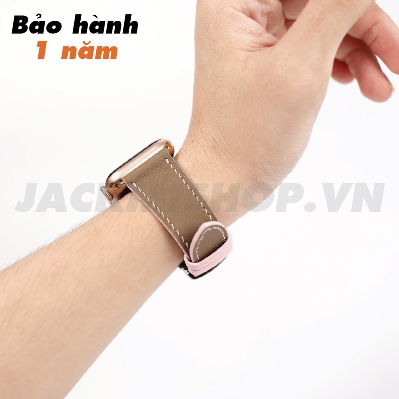 [BẢO HÀNH 1 NĂM] Dây Da BÊ SWIFT may tay thủ công màu Nâu tây chỉ Hồng khóa bướm cho Apple Watch series 1/2/3/4/5/6/7