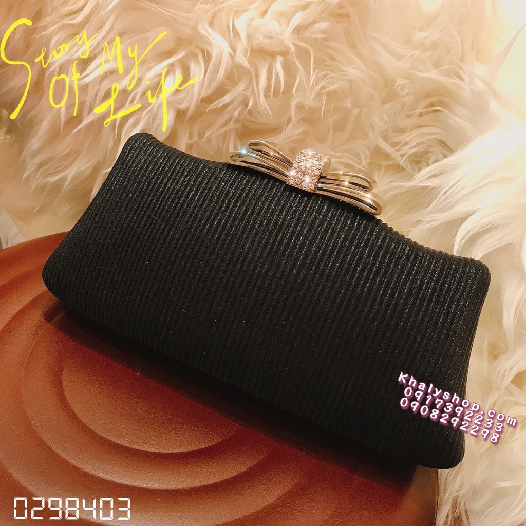 Bóp đầm clutch dạ hội dự tiệc sang trọng đeo chéo xách tay màu đen kiểu khóa nơ siêu xinh cho bạn nữ