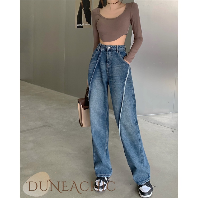 DUNEA Quần Jean Dài Lưng Cao Ống Rộng Thiết Kế Quyến Rũ Cho Nữ
