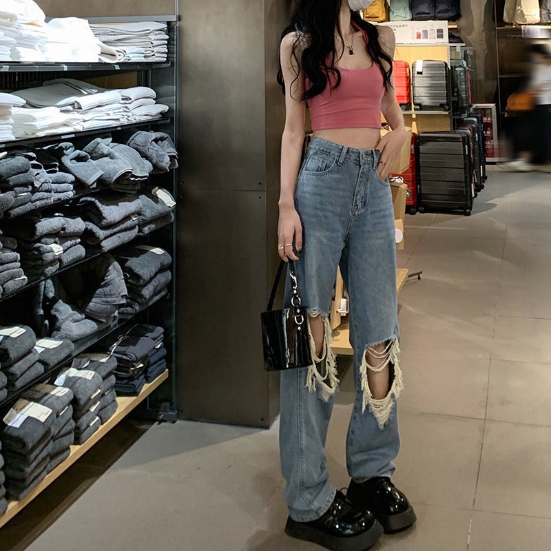 ☃■❧Quần Jean Dài Ống Rộng Lưng Cao Phối Rách Kiểu Retro Cỡ Lớn 2022 Thời Trang Mùa Hè Cho Nữ