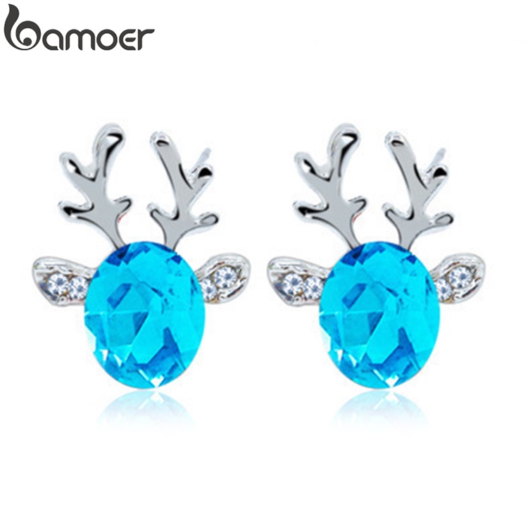 Khuyên tai BAMOER hình nụ bằng hợp kim hình nai sừng tấm đính đá dành cho dịp Giáng Sinh