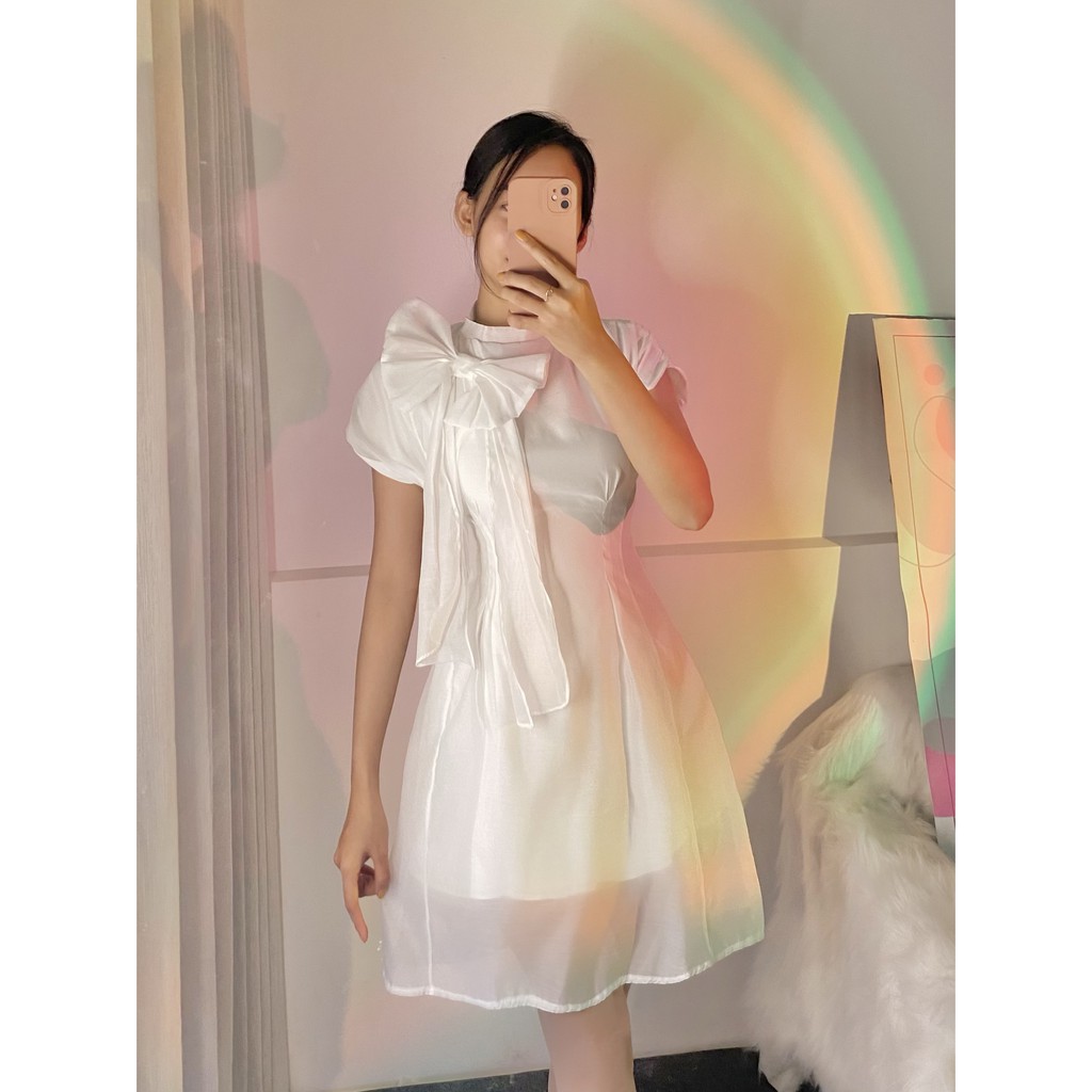Đầm Nơ Ngắn xòe A cổ cao Bánh bèo, trắng, hồng, xòe nhẹ, tiểu thư, dễ thương, tay ngắn, đi chơi, đi tiệc, đi du lịch | BigBuy360 - bigbuy360.vn