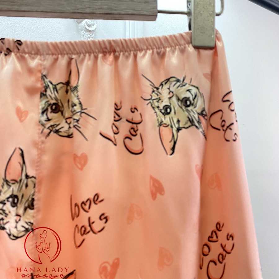 Pijama Lụa Tay Dài,Họa Tiết Mèo PJ291