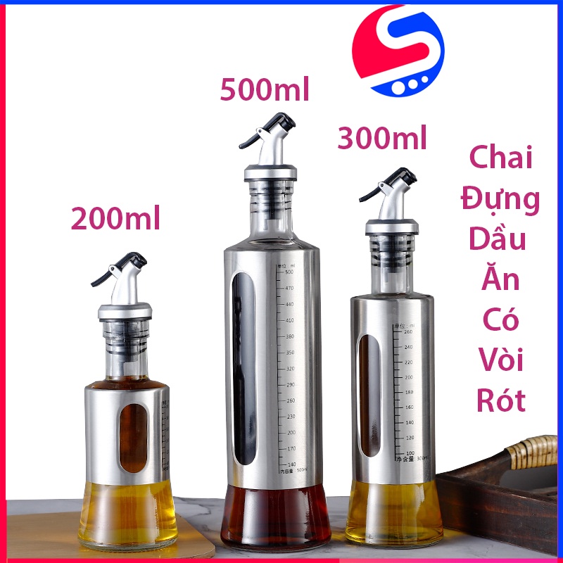 Chai Đựng Dầu Ăn Nước Mắm Thông Minh SRV Bằng Thủy Tinh Được Bọc Inox Chống Vỡ Có Vạch Đo Dung Tích  Vòi Rót Kiêm Nắp Lọ