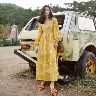 Đầm maxi vàng vintage (SẴN S)