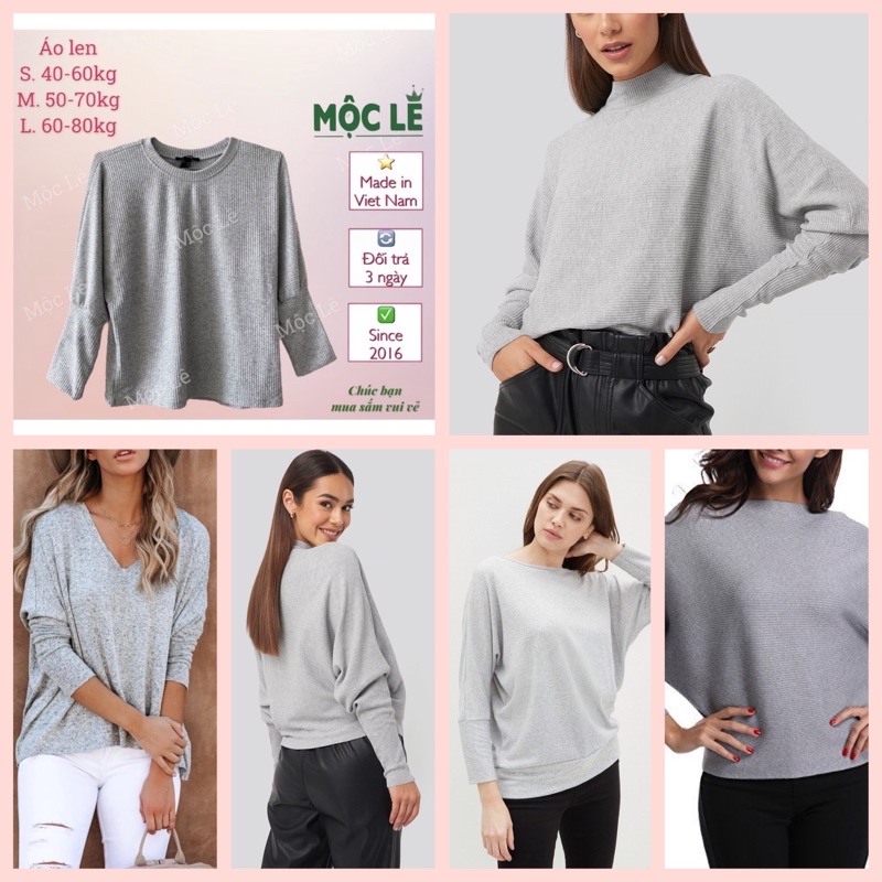 (40-80kg) Áo len dệt kim nữ tay dài bo ống f21 form cánh dơi màu xám trơn