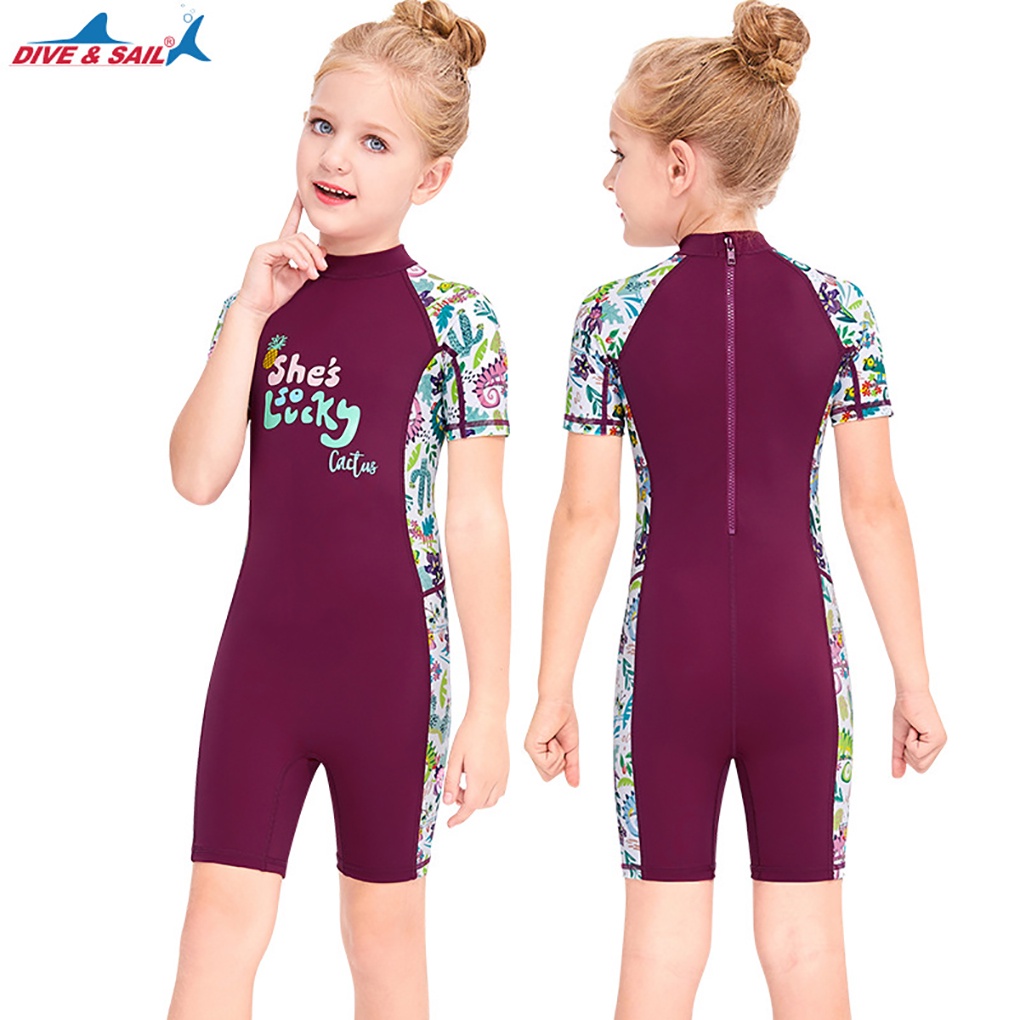 [GLOBAL] DIVE SAIL Wet Suit Girls Quick Dry Shorty Swimsuit Kids Short Sleeve Round Neck Full Body Wetsuit for Surfing