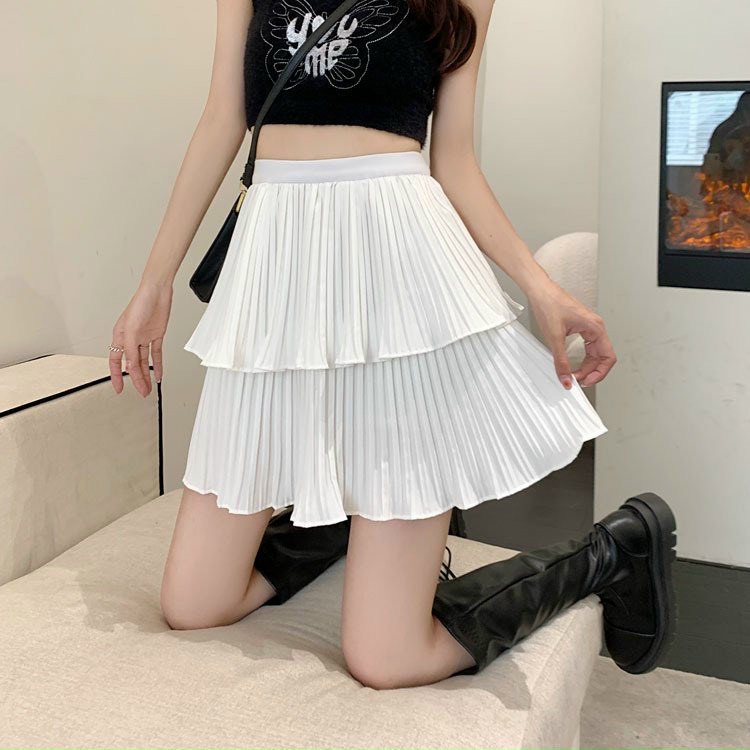 Chân váy nữ màu trắng, đen 2 tầng dập ly nhẹ dễ thương dễ phối đồ