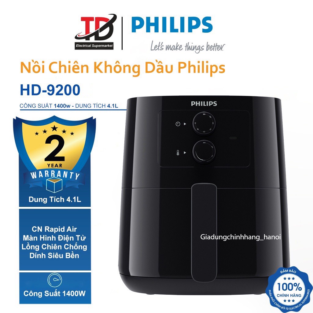 [Mã ELHAMS5 giảm 6% đơn 300K] Nồi Chiên Không Dầu Philips HD9200 - 4.1Lit/1400W - Bảo Hành Chính Hãng 2 Năm