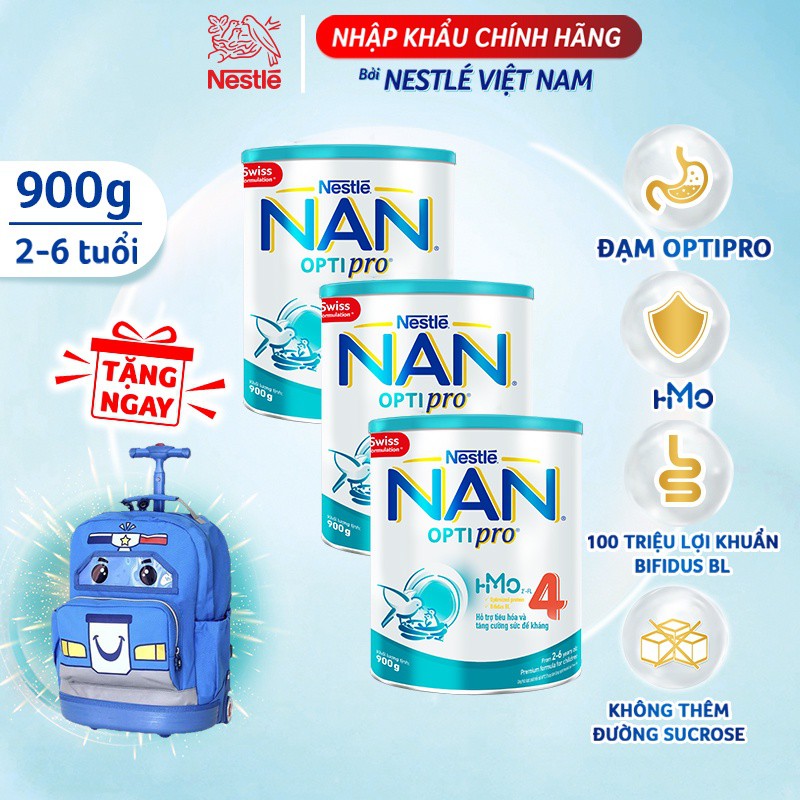 [Tặng 1 balo kéo ô tô màu xanh] Combo 3 Lon Sữa Bột Nestle NAN Optipro 4 900gr/lon