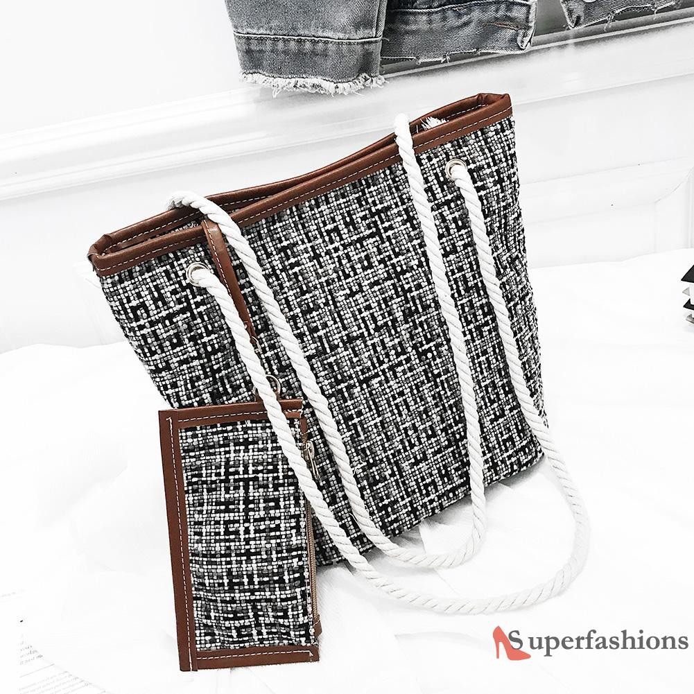 【Hot Sale】Large Totes Women Girls Braid Wool Plaid Clutch Shopping Shoulder Handbags