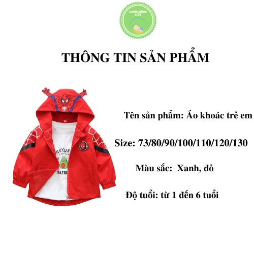 Áo khoác cho bé, áo gió người nhện cho bé trai chống gió giữ ấm mùa đông Xuân Cường Kids size từ 7 đến 20kg