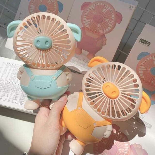 Quạt cầm tay mini hình con heo dễ thương sạc tích điện cute gió mạnh giá rẻ tốt nhất 3 in 1 có đèn led không gương