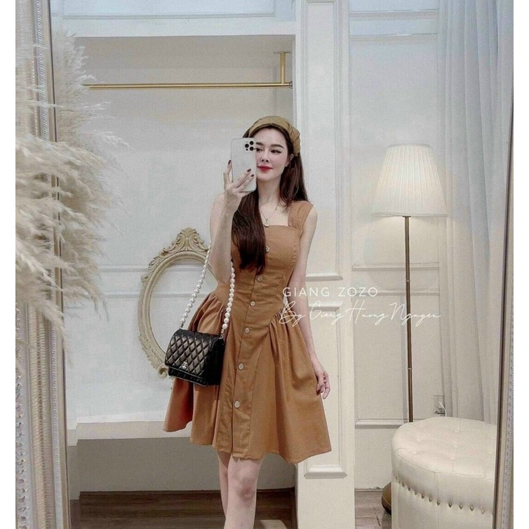 Đầm Tiểu Thư Nữ Cổ Vuông Tay Cánh Tiên Đính Nút, Váy Nữ Chiết Eo Dáng Xoè Xinh Xắn