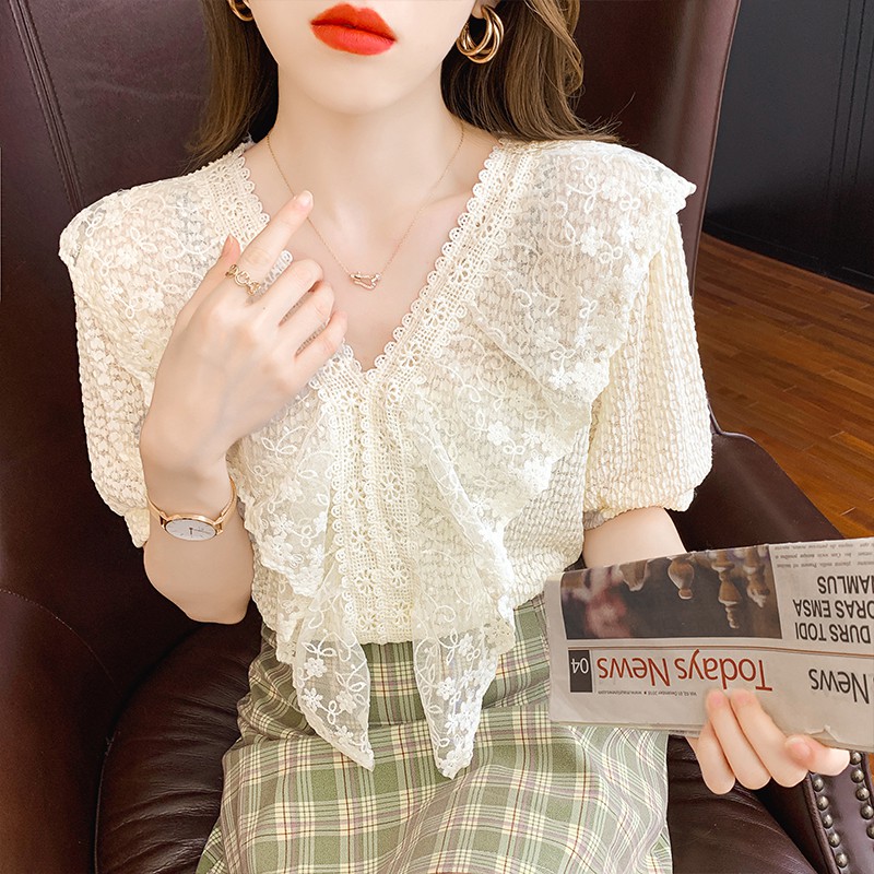 🌟Áo Kiểu Tay Ngắn Cổ Chữ v Phối Ren Mỏng 2021 Phong Cách | BigBuy360 - bigbuy360.vn