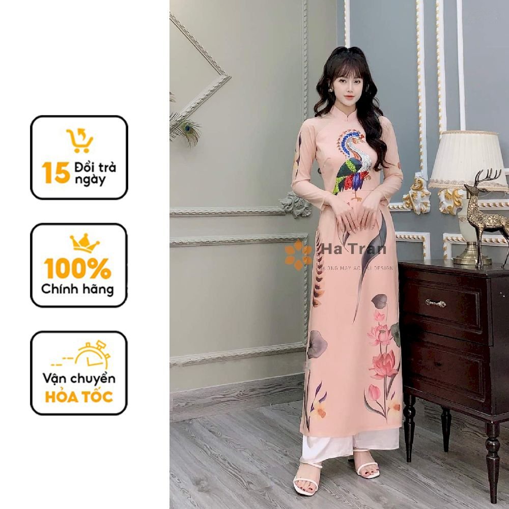 Áo dài cách tân thiết kế khổng tước đính kim sa cao cấp sang chảnh màu be áo dài đi dạy cưới tết chụp ảnh cực yêu An Lạc