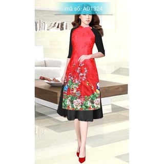 AD1324 Có size 2XL Set Áo Dài Cách Tân gấm cổ đứng họa tiết múa lân hoa mẫu đơn nền đỏ tay lỡ kèm váy đen