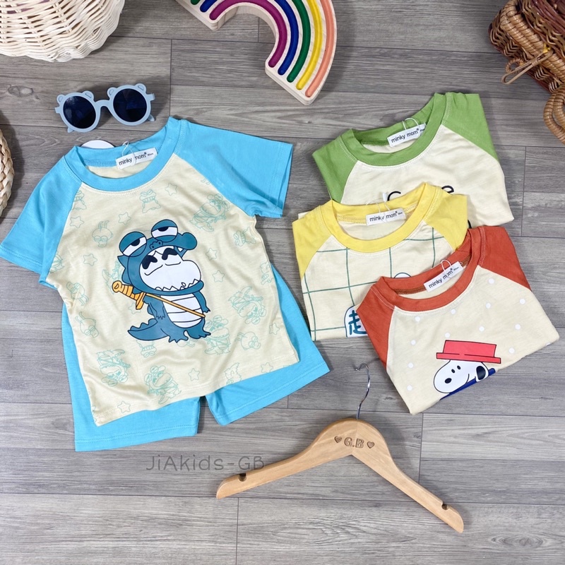 TNin88 bộ tay ngắn quần ngắn minkymom tay raglan in hình gấu ếch shin cho trẻ từ 8kg đến 25kg