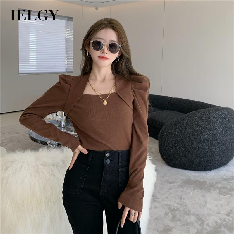 IELGY  Áo Croptop Cổ Vuông Dáng Ôm Phối Dây Xích Thời Trang Cho Bạn Gái
