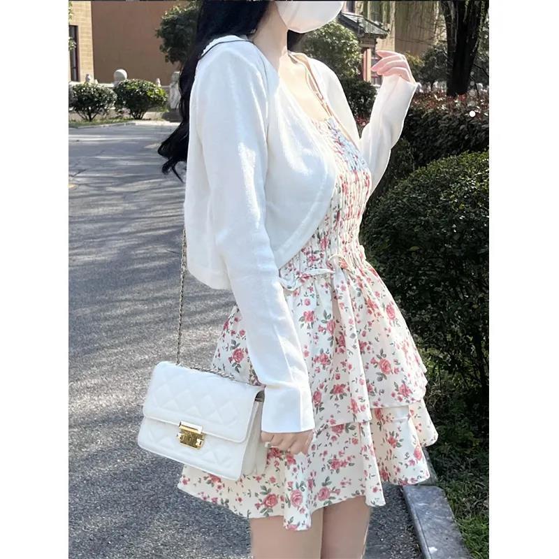 Set Đầm Hoa Hai Dây Và Áo Khoác Cardigan Dệt Kim Mỏng Chống Nắng Hàng Mới