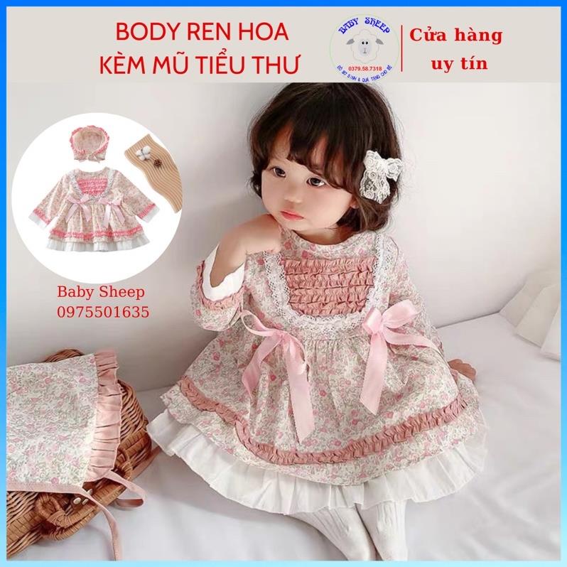 Váy hoa phong cách Lolita cho bé gái tặng kèm mũ bèo tiểu thư cho bé diện thôi nôi, chụp ảnh