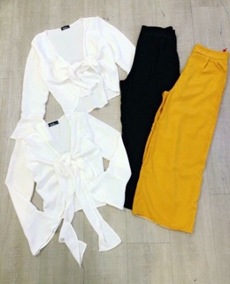 Set áo cột nơ + quần ống rộng