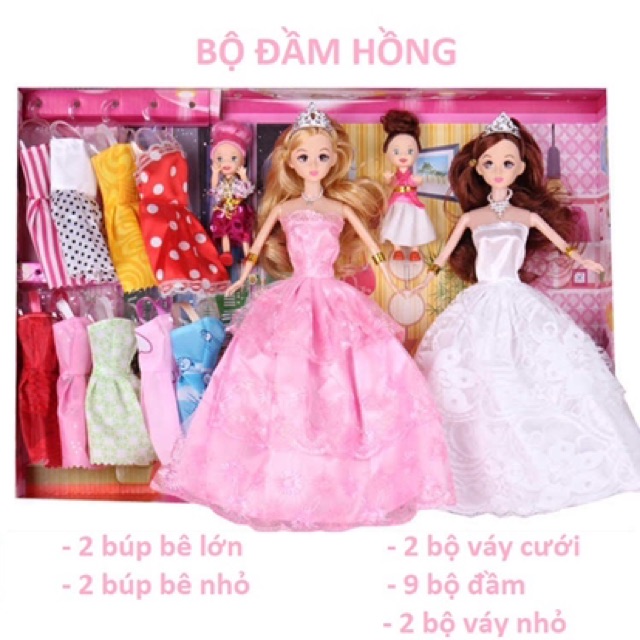 Bộ búp bê 2 lớn 2 nhỏ 2 đầm công chúa 9 bộ đầm 2 bộ váy nhỏ