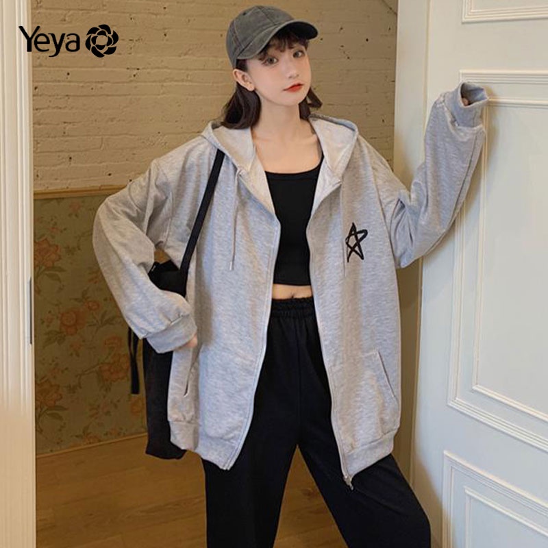 Áo khoác bóng chày YEYA tay dài có mũ trùm đầu in họa tiết hình học phong cách Hàn Quốc đơn giản dành cho nữ