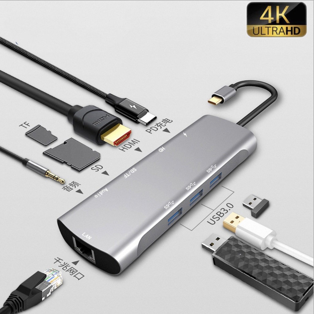 Bộ chuyển đổi HUB Type C Macbook 9in1 YCE 4K HDMI/Lan/AudioJack 3.5 xuất hình 4K - Home and Garden