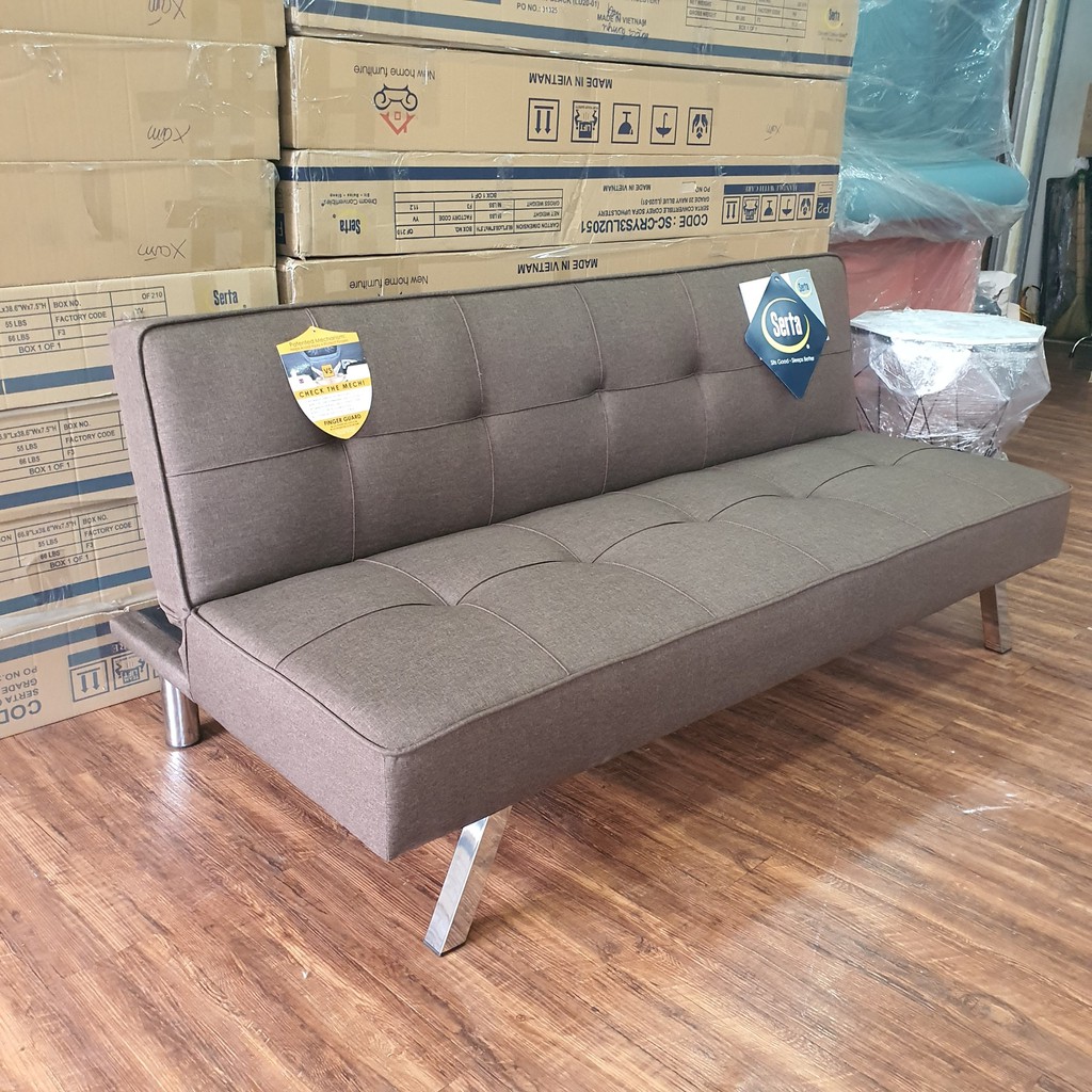 GHẾ SOFA GIƯỜNG THÔNG MINH 3 IN 1 - MÀU NÂU - VẢI BỐ - CHÂN INOX