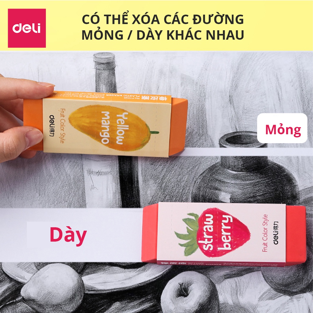 Gôm tẩy siêu to Deli hình vẽ hoa quả - cỡ lớn dùng lâu dài ít vụn tẩy sạch không gãy xóa chì 2B dành cho học sinh 71050