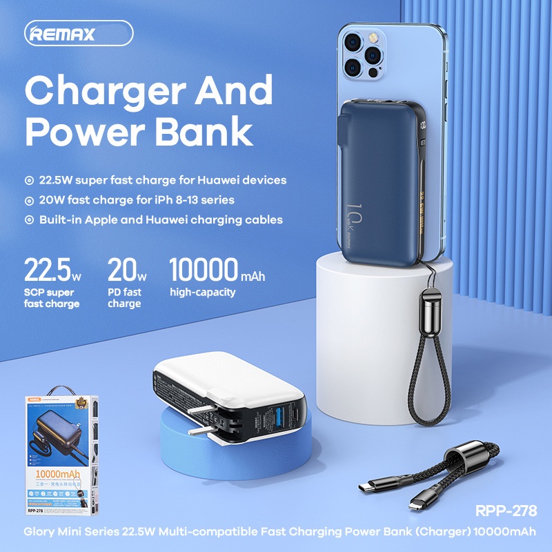 Pin dự phòng sạc nhanh Remax RPP-278 Glory Mini Series 10000mAh chân cắm 220v kèm cáp sạc - hỗ trợ QC 22.5W và PD 20W