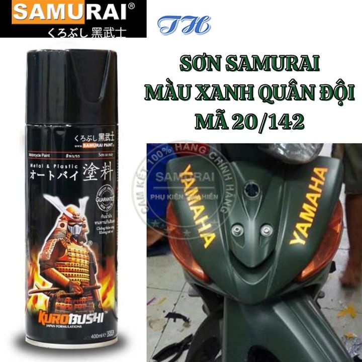 Sơn Xịt Samurai chuyên dùng cho xe máy sơn màu xanh quân đội 20/142 chống cháy, chống rạn nứt, vòi xịt chống chảy