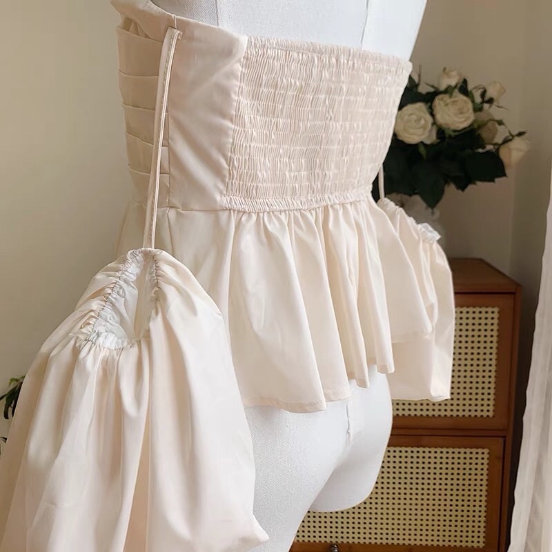 Áo Trễ Vai Tay Bồng Nữ Dáng Ôm Xếp Ly Ngực Có Bo Chun Phía Sau