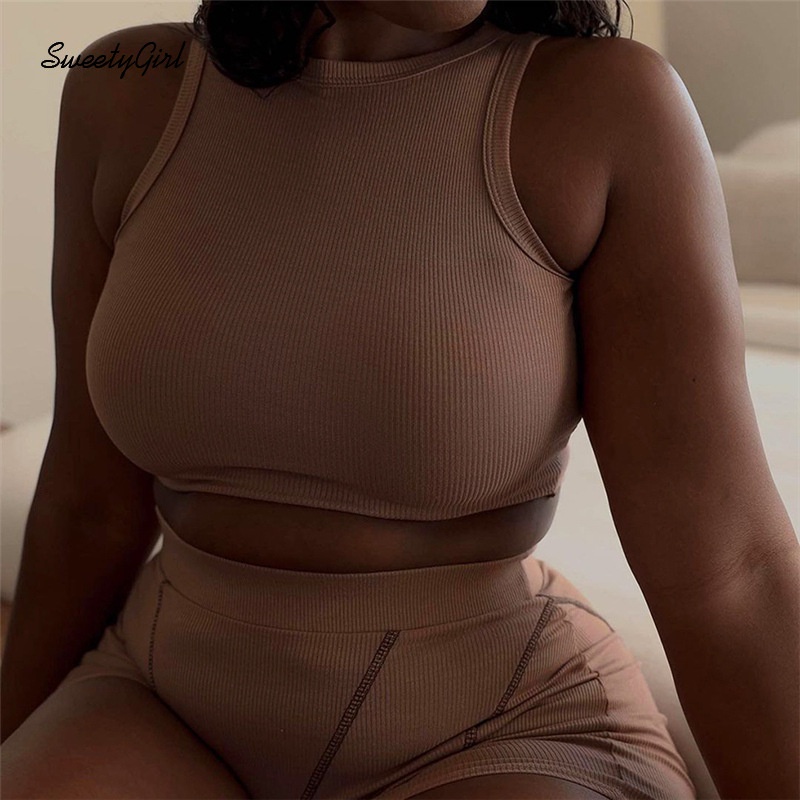 Set Đồ Thể Thao Gồm Áo Tank Top Ôm Dáng Phối Quần Short Có Khóa Kéo Dành Cho Nữ