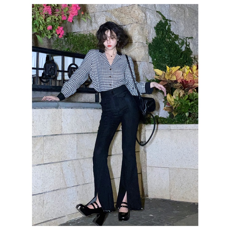 Áo sơ mi chiffon COZOKC tay dài họa tiết houndstooth phong cách cổ điển Hong Kong