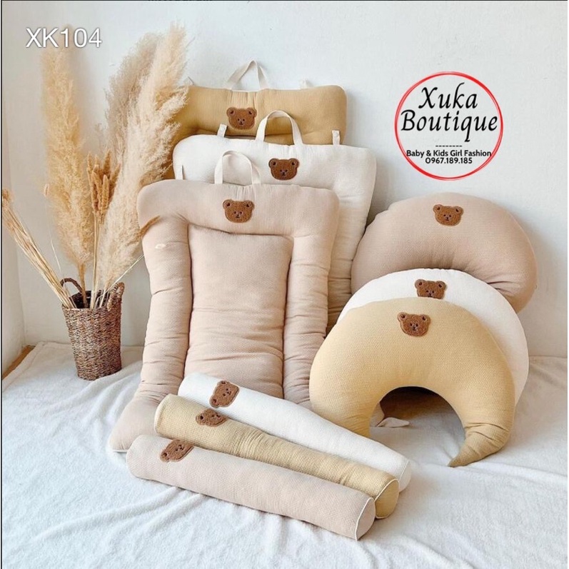 Gối Ôm Thêu Gấu Cao Cấp Style Hàn Quốc Cho Bé - Gối Ôm Dài, Gối Hình Mặt Trăng