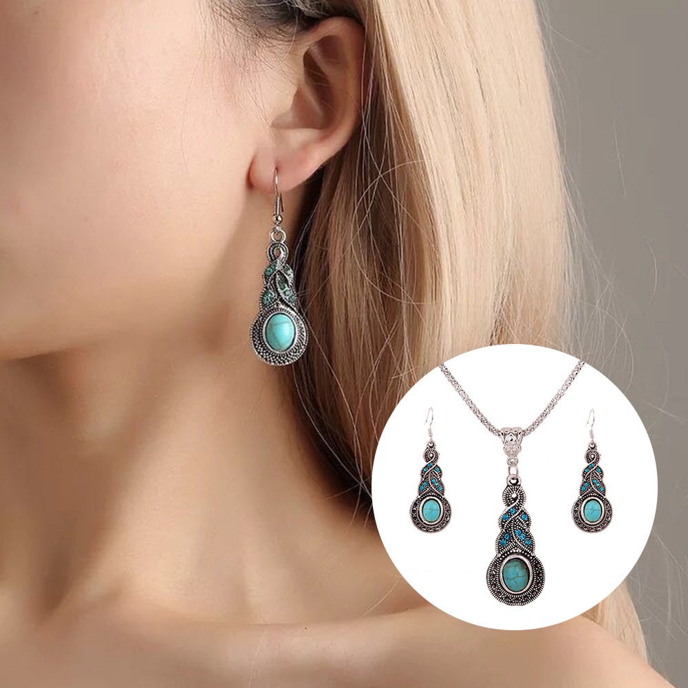 Set dây chuyền + Bông tai đính đá ngọc lam