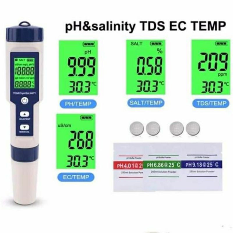 Bút đo chất lượng nước 5 in 1 - Đo pH , TDS, độ mặn, Nhiệt độ - GuppyXanh